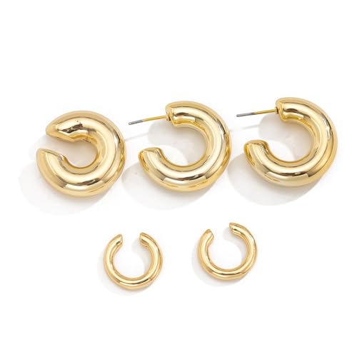 Chunky Gold Huggie Earrings Sets for Women Vinatge Non Piercing Ear Cuff Statement Earrings Personalized Large Clip On Hoop Earrings Fashion Jewelry - color: Gold