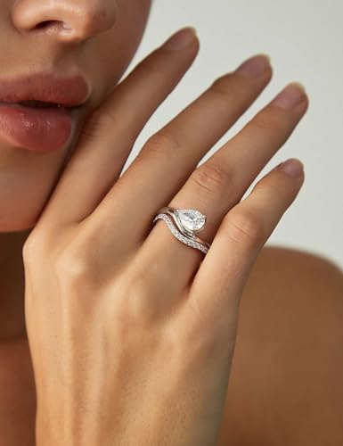 EAMTI 1.5CT Bridal Ring Sets Pear Cut CZ Promise Engagement Rings Curved Wedding Bands for Women Travel Ring Size 4-10 - color: Silver