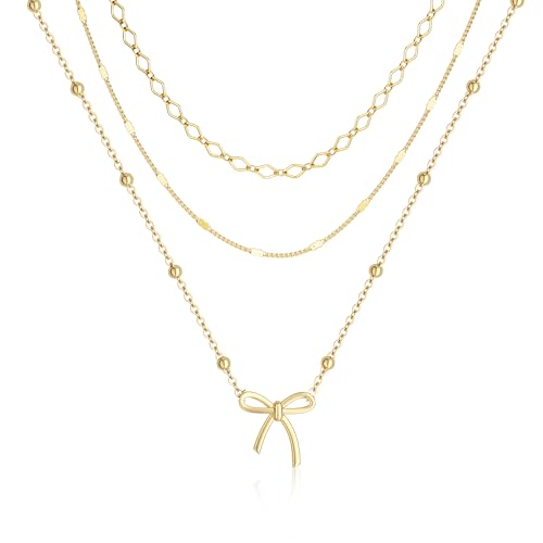 14K Gold Silver Plated Layered Necklaces for Women Trendy | Necklaces for Women Trendy, Stackable Dainty Chain Necklace, Beach Cute Fashion Pendant Choker Necklace, Jewelry Set Gifts - color: 3PCS / Bow Pendant & 2 Chains