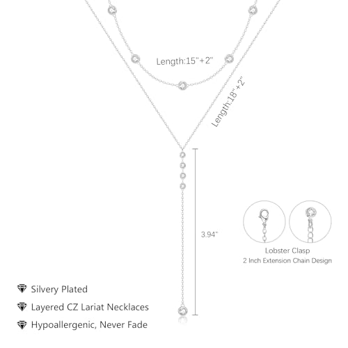 Luxval Lariat Silver Necklace for Women, Dainty Long Necklace Silver Y-Shaped Pendant Necklaces Trendy Beaded Chain Drop Necklaces Jewelry for Women Gifts - color: Silver-Layered 4CZ Y Necklace