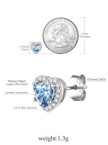FindChic Birthstone Earrings for Women, Round/Heart/Square/Teardrop Earrings with 925 Sterling Silver Posts & Push Backs, Hypoallergenic Studs with Cubic Zirconia, 12 Months Jewelry with Gift Box - style: 03. March-Aquamarine (Heart-Silver)