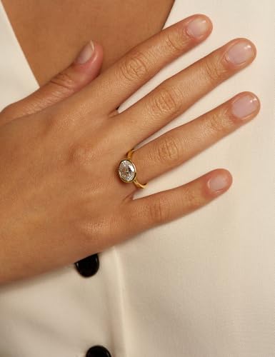 EAMTI 3CT Engagement Rings for Women Oval Cut CZ Solitaire Promise Wedding Bands Travel Bezel East West Ring 14K Gold Plated Size 4-10 - color: Brass-Gold