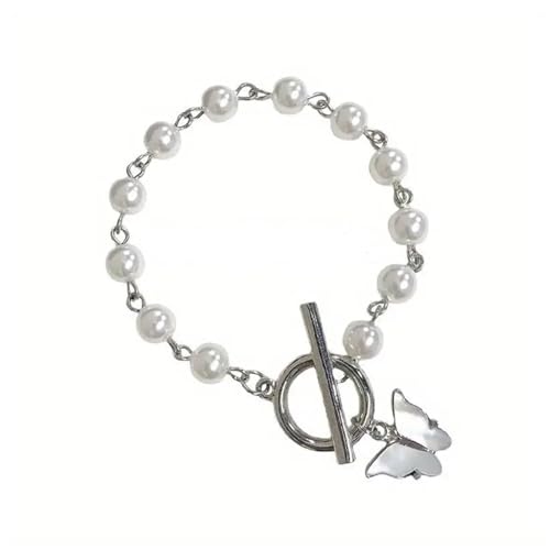 Pearl Beaded Bracelet with White Butterfly Charm, Toggle Clasp, Silver Tone