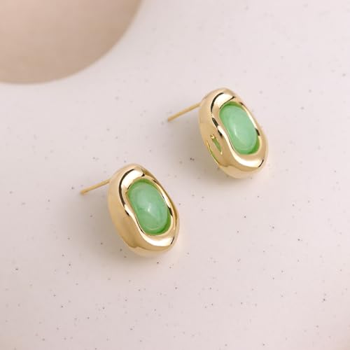 Jean Beau Chunky Gold Stone Stud Earrings for Women, Trendy Natural Gemstone Hypoallergenic Earing Valentine Jewelry Gift - color: Peridot Green
