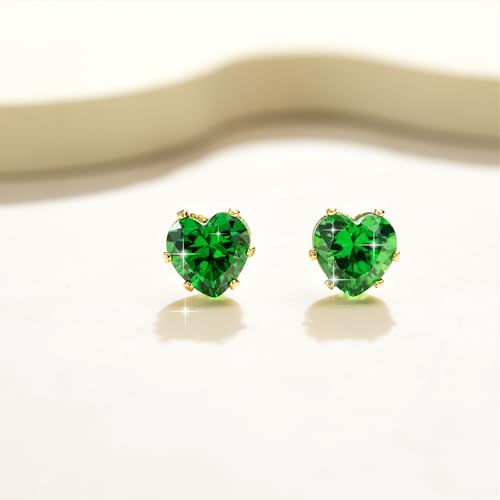 8mm Heart-Cut Birthstone Stud Earrings for Women – 18K Gold Plated Hypoallergenic Cubic Zirconia Earrings, Nickel Free, 12 Months Colors, Everyday Jewelry, Gift for Her, Bridal, Birthday, Christmas - color: 05 May Emerald