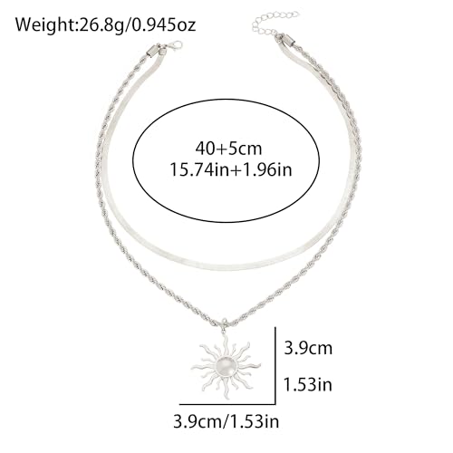 Sun Necklace for Women 14K Gold Silver Plated Layered Charm Necklace Double Chain Charm Pendant Necklaces Trendy Daily Wear Statement Jewelry Gift - color: Silver