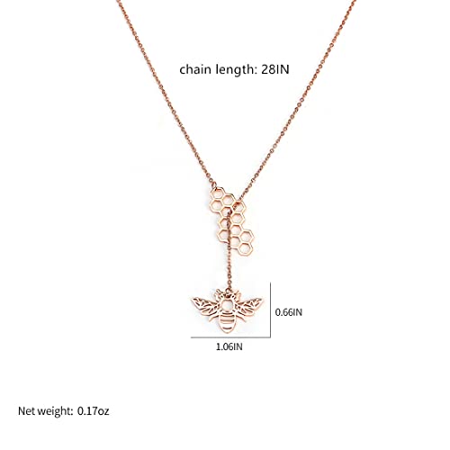 18K Gold Plated Stainless Steel Bee Honeycomb Pendant Necklace, Adjustable Y Lariat Conch/Guitar/Horseshoe Necklace for Women - color: Gold, style: Bee