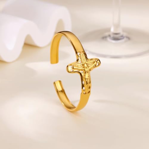 Gold Statement Cuff Bracelet Ankh Cross - Waterproof Stainless Steel Open Bangle Hypoallergenic Egyptian Key of Life Jewelry, Adjustable Protection Amulet for Women Men - color: Gold Jesus