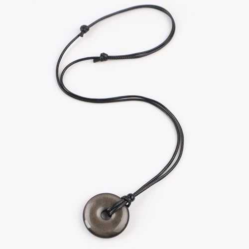 Anjiucc Natural Gemstone Pendant Necklce Lucky Coin Crystal Necklace Donut Pendnat with Adjustable Rope Healing Crystal for Men - color: Silvery Sheen Obsidian