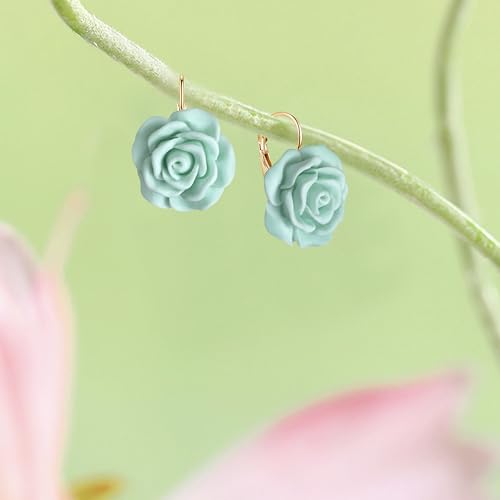 Handmade Bohemian Aesthetic Dainty Acrylic Flower Petal Leverback Earrings Sparkly 14K Gold Floral Dangle Drop Earrings for Women - color: Blue Green
