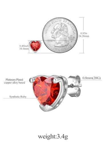 FindChic 2 Carat Birthstone Stud Earrings for Women, Round/Heart/Princess Cut Stud Earrings, Hypoallergenic Studs with 925 Sterling Silver Posts, 12 Months Birthday Jewelry Gift - color: 07. July-Ruby(Heart Cut)