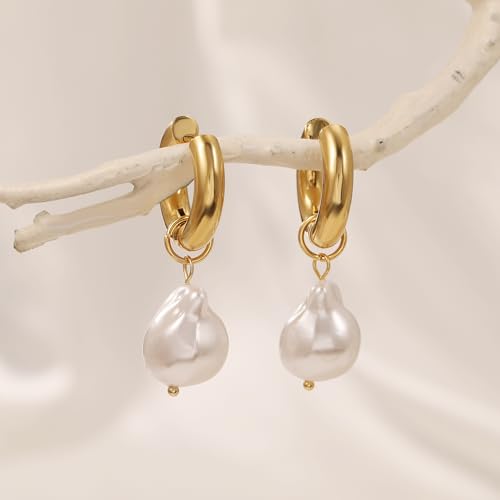 Pearl Earrings for Women 14K Gold Freshwater Pearl Hoop Earring Dangle Drop Wedding Earrings Bridal Bridesmaid Jewelry Gifts for Women - color: Gold man-made Pearl Drop Hoops