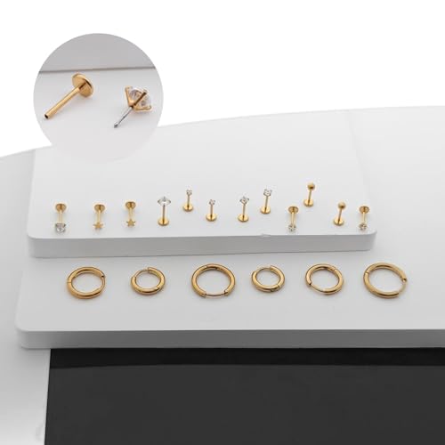 Flat Back Stud Earrings Cartilage Earrings for Women Men Hypoallergenic Threadless Flat Back Earring Surgical Steel Earring Tragus Helix Labret Lip Medusa Conch Body Piercing Jewelry - color: Gold-20G(0.8mm)