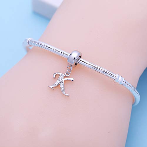 925 Sterling Silver Charms Alphabet Beads fit Pandora Charm Bracelets A-Z Letter Initial Spacer Dangle Clear CZ Stone Authentic for Snake Chain Bracelets - color: K