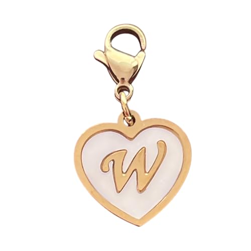 Golden Heart Titanium Steel Shell Finish Alphabet Letter Clip-On Charms A-Z Initial Pendant for Bracelet, Necklace, Keychain, DIY Jewelry Making - color: W