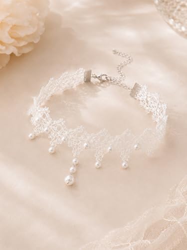 Lace Choker Necklace for Women Tassel Pendant Choker Necklaces Elegant Boho Collar Necklaces Statement Artistic Chain Necklace with Pearl Halloween Party Cosplay Costume Jewelry - color: White Lace Pearl-6