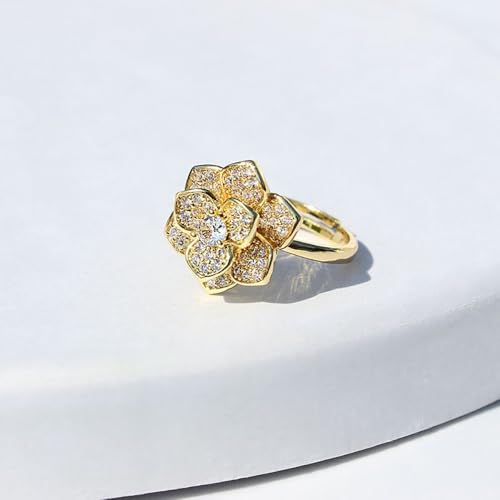Crystal Rose Flower Spinner Fidget Open Statement Ring for Women CZ Floral Rotated Relief Anxiety Stacking Finger Rings Wedding Engagement Promise Bands Dainty Birthday Jewelry for Adjustable - color: Gold