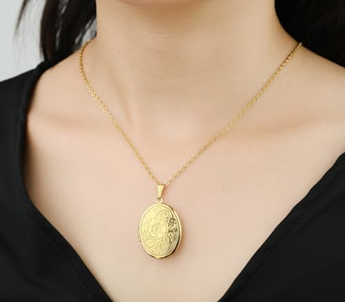 YOUFENG Oval Round Flower Locket Necklace that Holds Pictures Photo Locket Pendant - style: Oval Gold-plated