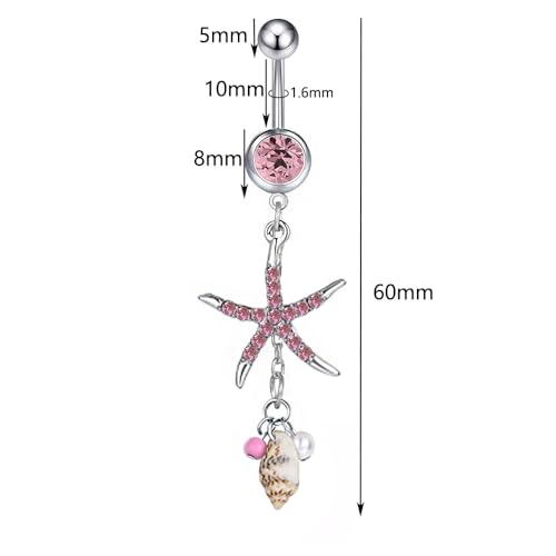 Starfish Dangle Belly Button Rings for Women Rhinestone Ocean Star with Pearl Conch Charm Navel Piercing Stainless Steel Curved Navel Barbell Ring Beach Jewelry - color: Red