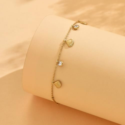 18K Gold Plated Waterproof Summer Beach Ankle Bracelets for Women | Starfish Sea Shell Pearls CZ Diamond Dangle Anklets - style: Shell CZ Drop-Gold