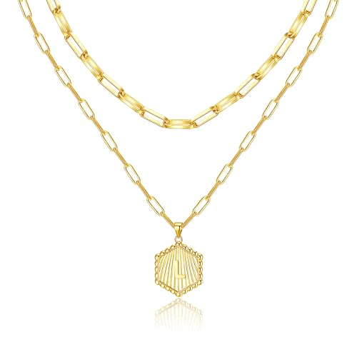 Layered Initial Necklace for Women | Gold Plated Paperclip Chain with Sunburst Hexagon Letter Pendant | Double Layer Alphabet Necklace | Personalized Minimalist Jewelry Gift - color: L