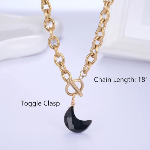 Kvekstio Black Obsidian Moon Necklace - Natural Crystal Crescent Pendant & Gold Toggle Clasp for Women, Gothic Celestial Energy Stone Necklace, Spiritual Protection Healing Jewelry for Her