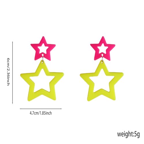 Colorful 80s 90s Neon Star Earrings for Women Retro Glow Party Costume 80s 90s Acrylic Dangle Earrings Outfit - style: Symmetrical Hot Pink and Yellow