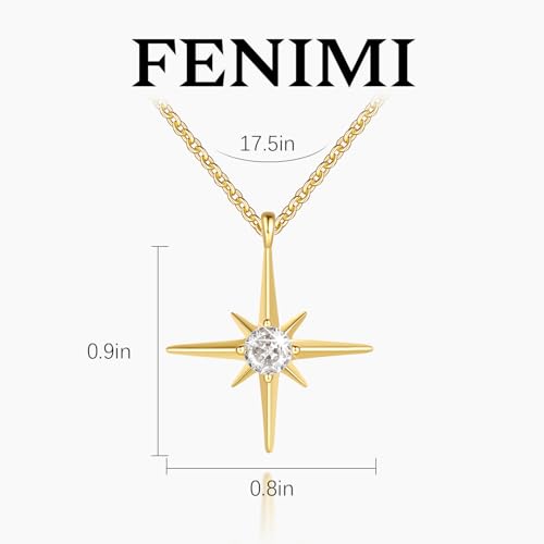 FENIMI Gold Necklace for Women 14K Gold Pendant Necklaces for Women North Star Necklace Pendant with Cubic Zirconia Gentle and Beautifully Bright Dainty Chunky Star Jewelry for Womens