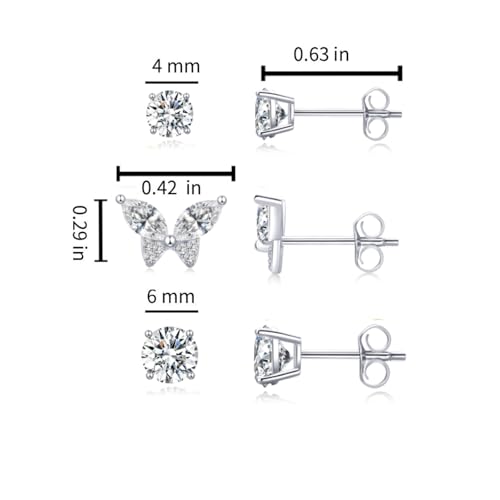 Butterfly Stud Earrings Set for Women, Small CZ Earrings Studs Set | 14K Gold Plated Stud Earring 3 Stack, Hypoallergenic with S925 Silver Posts, Everyday Jewelry Set for Women’s Daily Styling - color: Platinum