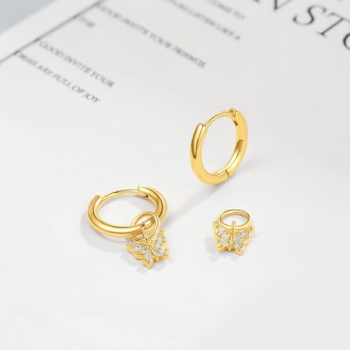 DAILY VIBES Cute Butterfly Star Cross Heart CZ Dangle Earrings for Women | 925 Sterling Silver Post, 14K Gold or Silver Plated, Mini Cubic Zirconia Dainty Drop, Cartilage Small Huggie Hoop Earrings - color: Gold Butterfly CZ