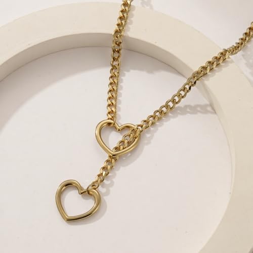 Heart Slip Chain Necklace for Women Stainless Steel Black Necklace | Handmade Punk Gothic Cuban Lariat Y-Necklace Jewelry - color: Gold Heart, size: 29 in