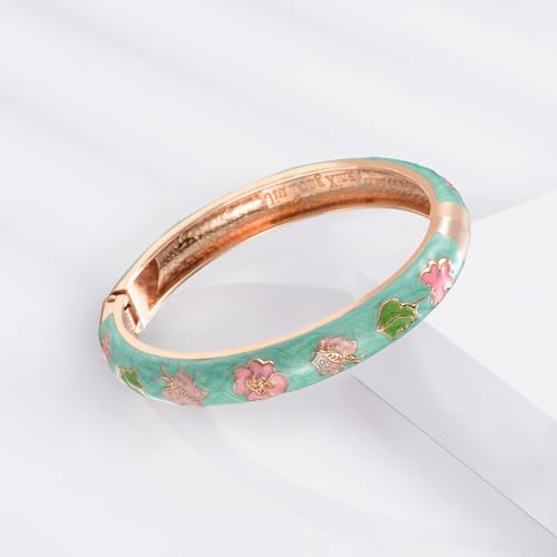 UJOY Cloisonne Bracelet Butterfly Hinge Indian Cuff Bangle Enameled Jewelry Flower Bracelets for Women Gift Box 55A114 - color: A67-2 Pcs Set-Green
