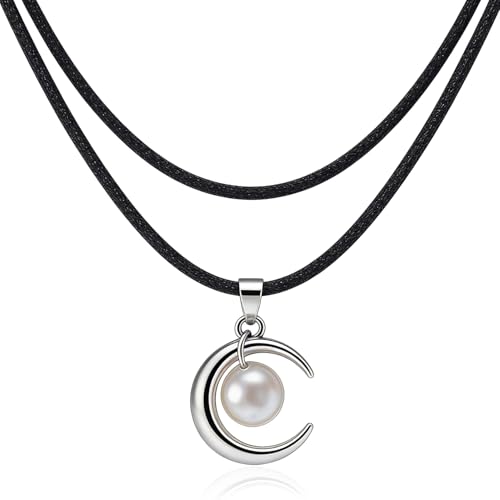 Black Choker for Women, Adjustable Layered Velvet Leather Lace Collar necklace, Goth necklace Gifts - color: Pearl Moon