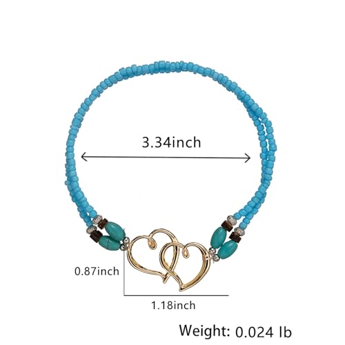 Elastic Beaded Ankle Bracelets for Women Double Heart Layered Stretch Ankle Bracelets Waterproof Dainty Boho Beaded Anklets for Summer Beach Foot Jewelry - color: White Gold