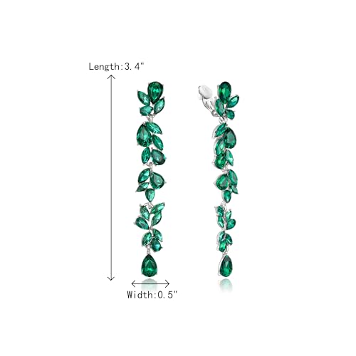 Crysdue Clip On Earrings for Women Rhinestone Crystal Teardrop Cluster Wedding Bridal Non Pierced Long Dangle Earring for Prom Party - color: Green Silver-Tone