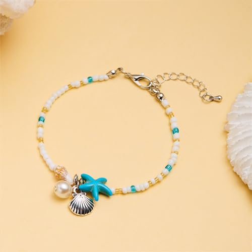 Beach Puka Shell Anklet for Women Waterproof Beaded Ankle Bracelets Adjustable Starfish Seashell Pearl Foot Chain Boho Jewerly Present for Summer Beach Party - color: white