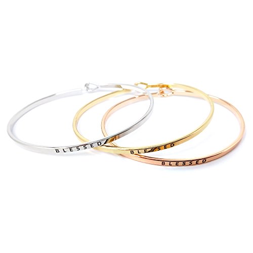 by you Inspirational Positive Message Engraved Thin Cuff Bangle Hook Bracelet - color: Blessed-Rosegold