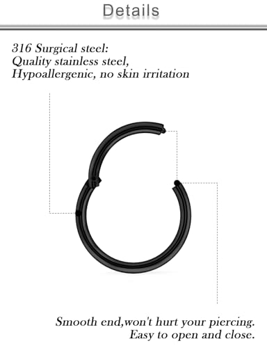 20G 18G 16G 14G 12G 10G Surgical Steel Hinged Clicker Segment Nose Rings Hoop Lip Rings Helix Cartilage Daith Tragus Sleeper Earrings Body Piercing for Women Men 6mm 8mm 10mm 12mm 14mm 16mm - color: Black-16G(1.2mm)-Inner Diameter: 8mm 10mm 12mm 14mm