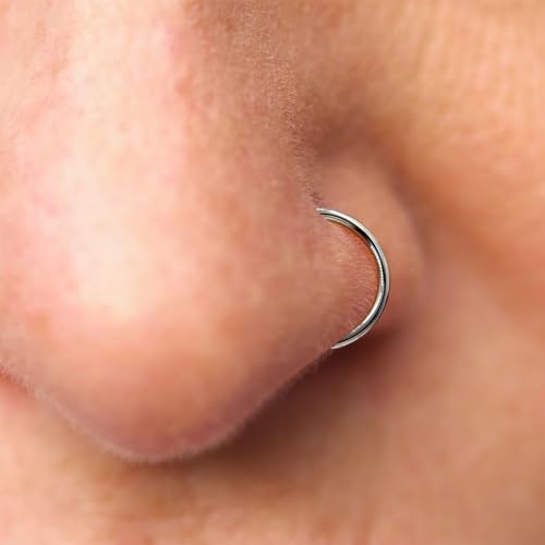 14K Gold Nose Ring Hoop for Women and Men, 6mm/7mm/8mm Tiny Gold Nose Ring Stud Piercing Jewelry, 20G 22G - color: 14k White Gold, size: 20 gauge(0.8mm)-7mm