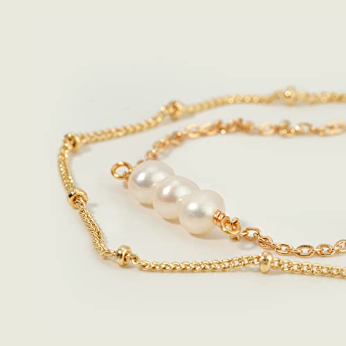 MEVECCO Dainty Chain Bracelets for Women, Layered and Charm Styles | 14K Gold Plated Brass, Select Cubic Zirconia Accents, Single and Multi-Row Structures for Refined Everyday Wristwear - style: 2 Layer 3 Pearls Satellite Chain