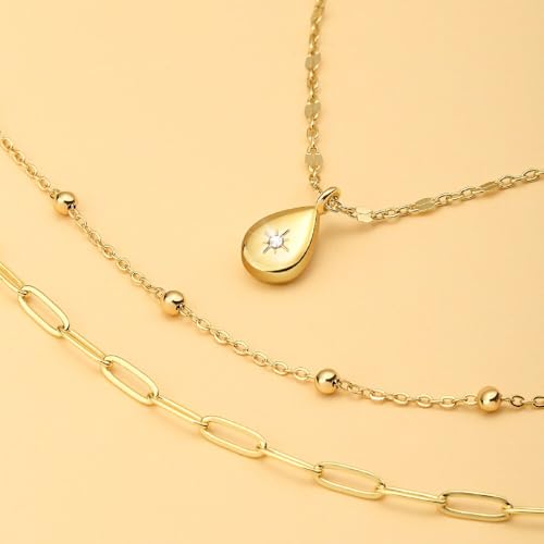 Gold Layered Necklaces for Women, 14K Gold Plated Paperclip Snake Chain Necklace Set, Dainty Coin Cross Tear Pendant Layering Choker Necklaces, Simple Trendy Stackable Jewelry Gifts - color: 3PCS / Teardrop & Chain& Chain
