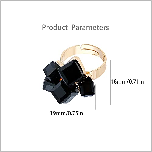 Hebelee Boho Square Crystal Statement Ring for Women Adjustable | Gold-Toned Expandable Promise Engagement Geometric Rings Comfort Fit Elegant Art Deco Christmas Cocktail Y2K Jewelry - color: Black
