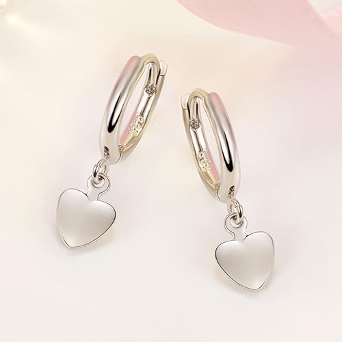Charming Sterling Silver Heart Dangle Hoop Earrings - White Gold Plated, Huggie Style, Gift for Women