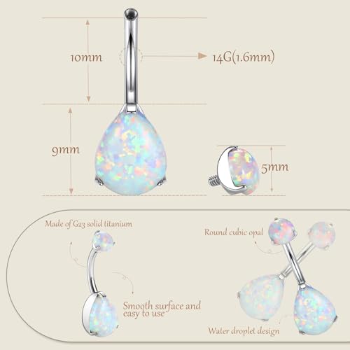 AROWRO Belly Button Ring Titanium Gold Sliver Hypoallergenic 14G Belly Button Piercing 10mm Barbell Belly Rings for Women With Opal - color: Sliver+White Opal
