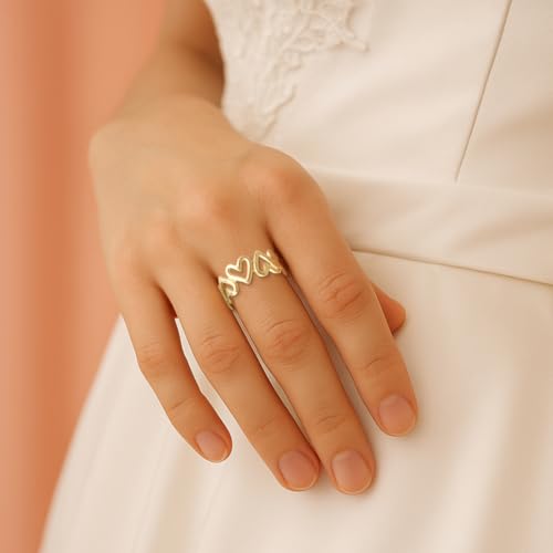 Geometric Heart Band Rings Gold Silver Stainless Steel Geometric Finger Rings with Hollow Circle Square Boho Thumb Open Statement Ring for DIY Women Party Decoration - style: Love