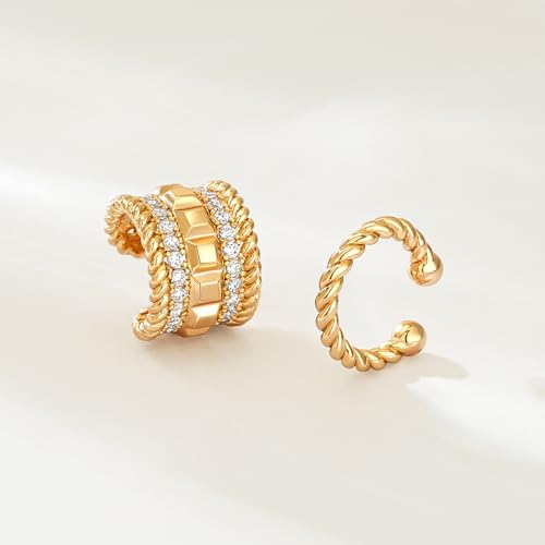 MEVECCO Ear Cuffs Non Piercing 18K Gold Plated Ear Cuff Earring Sets Clip on Cartilage Cubic Zirconia Pearl Minimalist Hypoallergenic Fake Hoop Earrings Stack Women Gifts - style: 2pcs-Wide