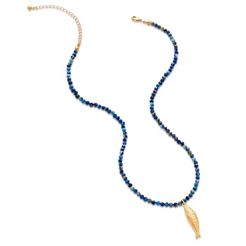 Boho Fish Necklace for Women - Blue Natural Stone Fish Pendant Necklace, Bohemian Beach Jewelry Colourful Jewelry for Summer Vacation - color: Dark blue