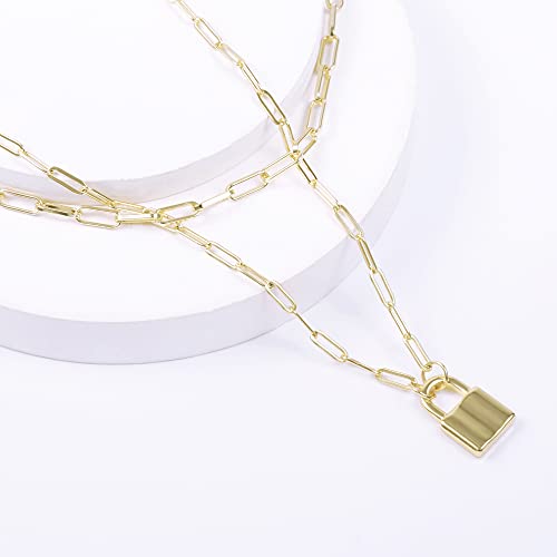 Lock Necklace for Women Paperclip Link Chain Padlock Necklace Non-Tarnish - color: Gold - 2 PCS Layered Lock Necklaces