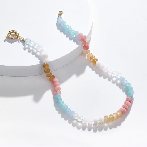 KissYan Beaded Gemstone Necklaces for Women | Colorful Bead Natural Stone Choker with 14K Gold Plated Spring Ring Clasp, Handmade Knot Jewelry for Summer Beach - color: V-Aura