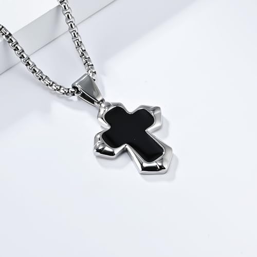 Unisex Stainless Steel Black Onyx Cross Pendant Necklace for Men Women,Titanium Steel Christian Cross Charm Jewelry Chain Necklace for Mens,Religious Jesus Christ Crucifix Cross Necklaces,24inch Chain